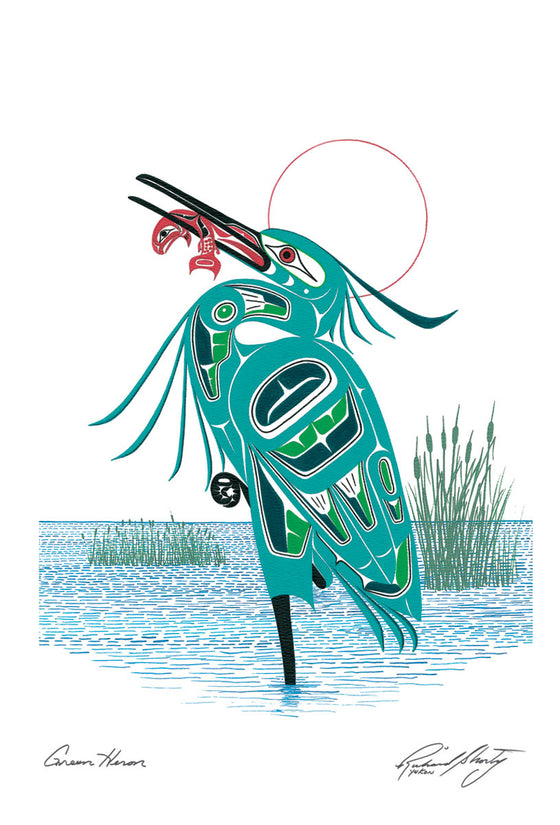 A heron stands in the middle of a lake. The heron is mainly blue green. Bright green u-shapes and white trigons form the details of its neck and wings. The heron stands on one foot, with the other curled under its body.  Its head is thrown back. It has a red fish in its beak. A thin red circle halos the heron’s head. This Canadian Indigenous print was painted by Richard Shorty. He is from the Yukon’s Northern Tuchone Tribe.