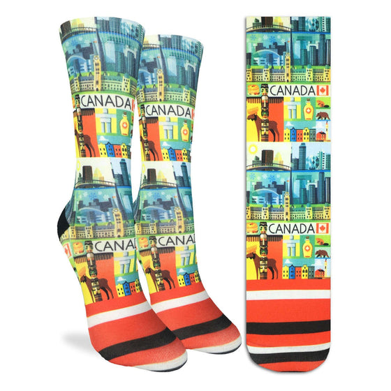 These fun socks feature all manors of Canadian symbols, including a moose, totem pole, beaver, inukshuk, parliament hill, the Toronto skyline, and of course maple syrup. The active fit socks sport elastic arch bands to contour to your feet and provide support. 