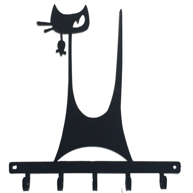 This metal sculpture shows the mate black silhouette of a highly stylized cat. It has a tall thin tail and large head on a tall thin neck. It has two whiskers and a single, cunning right eye.  A small mouse dangles from the cat’s mouth. The cat stands on a metal strip from which five hooks emerge. The metal strip has two holes punched through it, allowing the piece to be nailed or screwed into a wall.