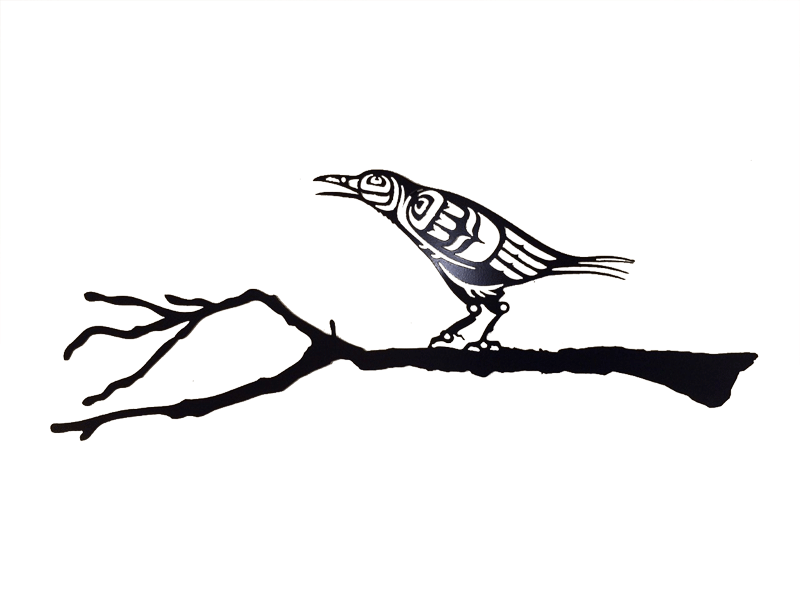 This metal sculpture shows the matte black silhouette of a crow drawn in Coastal Salish style. It is leaning forward with its beak slightly open, as if gently cawing. Coastal Salish shapes provide detail to its face and wings. This crow stands on a realistic branch with small knots, bumps, and broken twig ends.