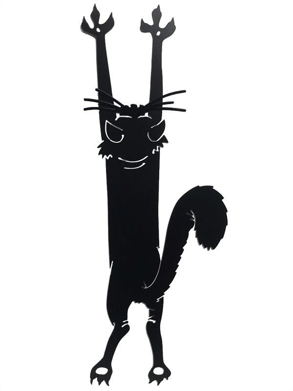 This metal sculpture shows the matte black silhouette of a stylized cat. It appears to be hanging from the wall by its front claws. Delicately punched metal forms the details of the cats head, as well as a clever perspective trick on the tail. The bushy tail appears to extend toward the viewer despite being totally flat. Two small holes are punched through the cat’s front paws, allowing the piece to be nailed or screwed into a wall.