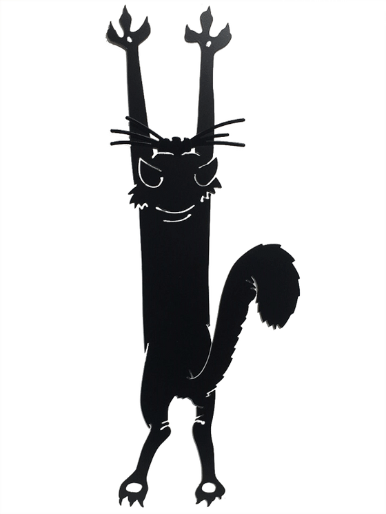 This metal sculpture shows the matte black silhouette of a stylized cat. It appears to be hanging from the wall by its front claws. Delicately punched metal forms the details of the cats head, as well as a clever perspective trick on the tail. The bushy tail appears to extend toward the viewer despite being totally flat. Two small holes are punched through the cat’s front paws, allowing the piece to be nailed or screwed into a wall.