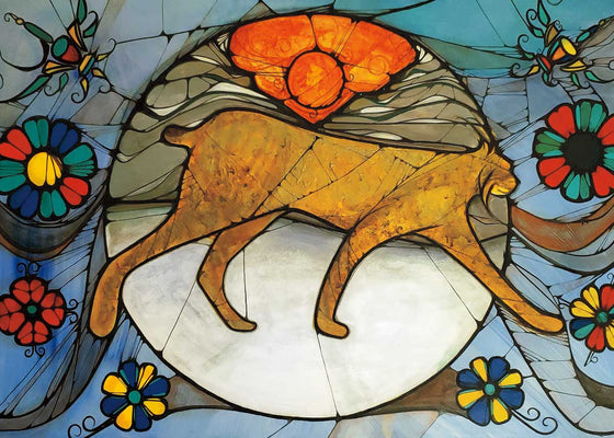 A brown lynx walking from left to right. The lynx is framed by a circle. Inside the circle is a snowy background with an orange sun above the lynx. Outside the circle is a blue background with colourful flowers. This Canadian Indigenous print was painted by Metis artist Laird Goulet. Goulet was raised in The Pas, Manitoba.