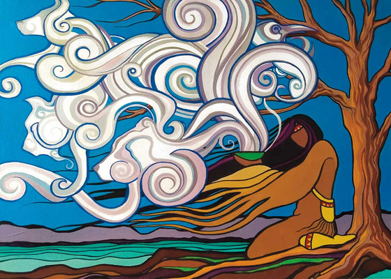 An aboriginal figure kneels beside a lake. They are holding a bowl. Smoke rises from the bowl and turns into the shape of animal heads. Canadian First Nations artist Pam Cailloux is a Metis artist from Chibougamau, Quebec.