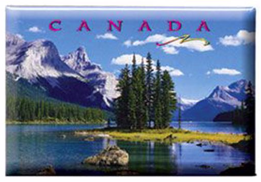 Moraine Lake in Banff Nation Park is pictured under a blue sky, with Canada written in pink at the top.