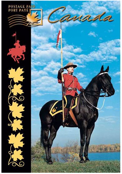 Image of an RCMP officer on a horse. Horse is on green grass with a lake in the background. Stripe of black on the left side with images of yellow maple leaves and a silhouette of RCMP officer on a horse. Text in the top that says "Canada" and "paid postage".