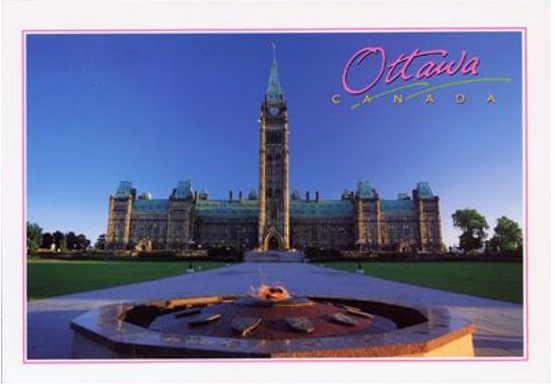 Image of Parliament building and the eternal flame. Has text in the top corner that says "Ottawa Canada".