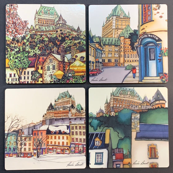 This set of coasters features four unique prints of Quebec City’s Chateau Frontenac. One shows the Chateau Frontenac in early autumn. One shows the Chateau as viewed from the Maison Darlington. One shows the Chateau in winter with snow covered townhouses and trees in the foreground. One shows the Chateau from the rooftop of a townhouse. The pictures are richly coloured. The artist’s signature is at the bottom of each coaster.