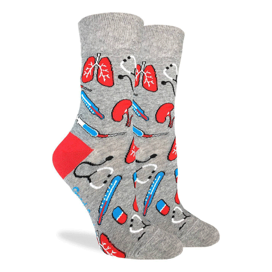 These fun socks feature images related to the medical feels, such as thermometers, brains, and stethoscopes on a background of light grey with a red heel. Spandex added to the 85% cotton blend gives the socks the perfect amount of stretch to hug your feet.