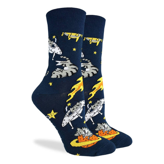 These fun socks feature cats in space. Some are piloting a UFO, some taking a cat nap on plants, and some are floating around stars and meteors on a background of bark blue. Spandex added to the 85% cotton blend gives the socks the perfect amount of stretch to hug your feet.