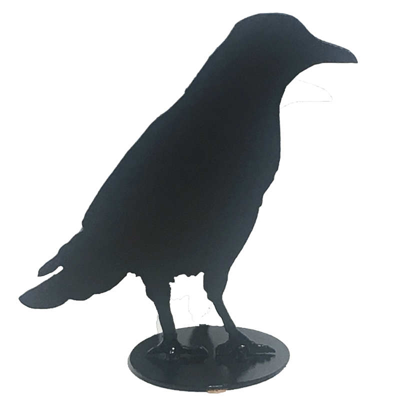 A close up of crow design A. This crow stands fully upright. It has a sleek back and full tail. The silhouette implies it stands at on an angle to the viewer.
