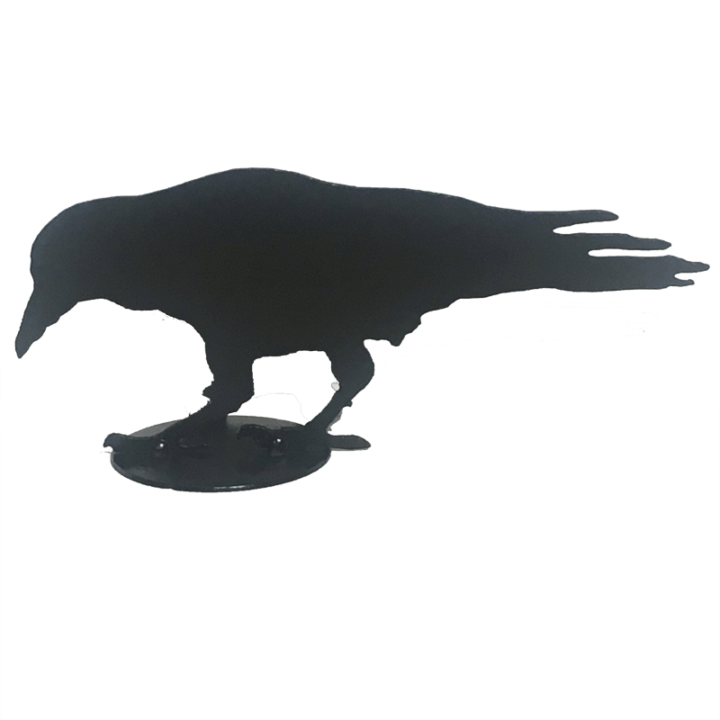A close up of crow design E. The profile of this inquisitive crow shows it leaning forward slightly, staring at something on the ground. Individual feathers can be seen in its tail.