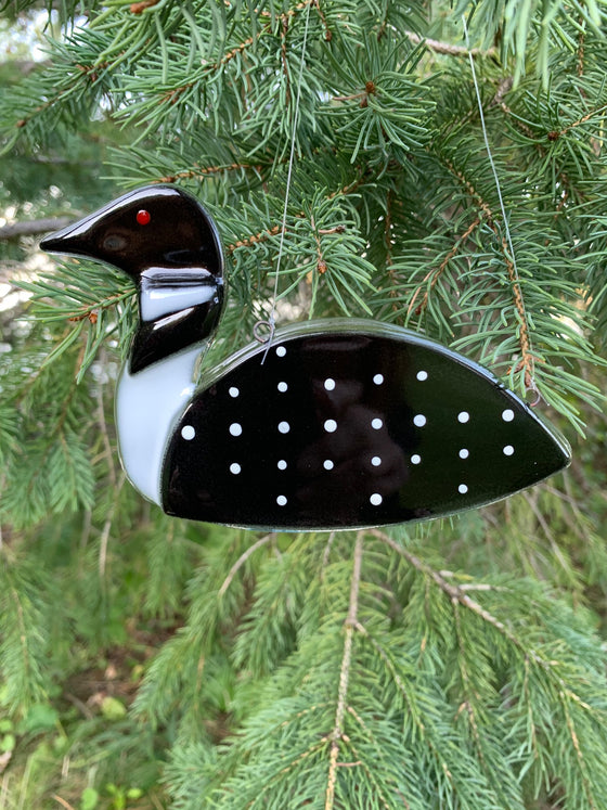 This fused glass ornament depicts a common loon. It is black with white bands on its neck and white spots on its back.