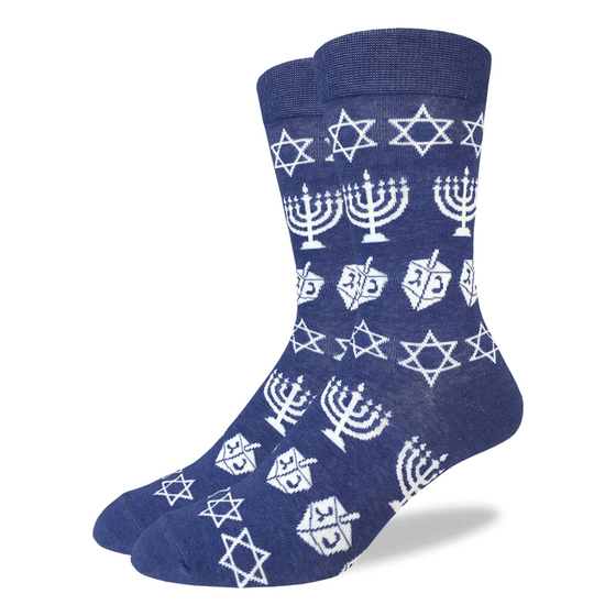 These fun socks feature the white outlines of a menorah, dreidel, and the Star of David on a base of blue. Spandex added to the 85% cotton blend gives the socks the perfect amount of stretch to hug your feet.