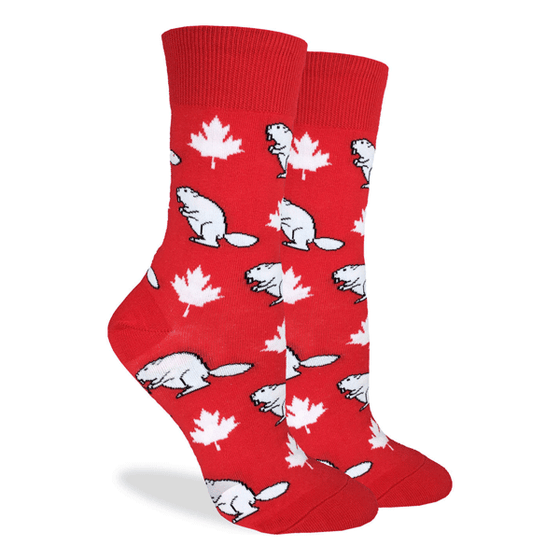 These fun socks feature white maple leaves and beavers all over a base of bright red. Spandex added to the 85% cotton blend gives the socks the perfect amount of stretch to hug your feet.