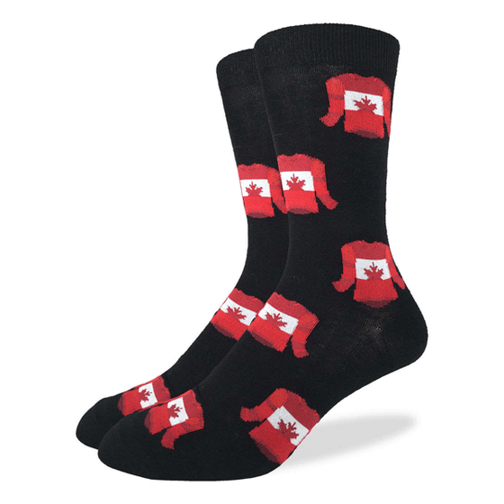 These fun socks feature red hockey jerseys with a white band round the chest and a red maple leaf in the middle. The rest of the sock is black, making the brightly coloured jerseys stand out. Spandex added to the 85% cotton blend gives the socks the perfect amount of stretch to hug your feet. 