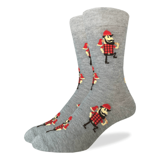 These fun socks feature bearded lumberjacks sporting a red hat, red and black plaid shirt, and an axe over his shoulder, on a base of speckled grey. Spandex added to the 85% cotton blend gives the socks the perfect amount of stretch to hug your feet. 
