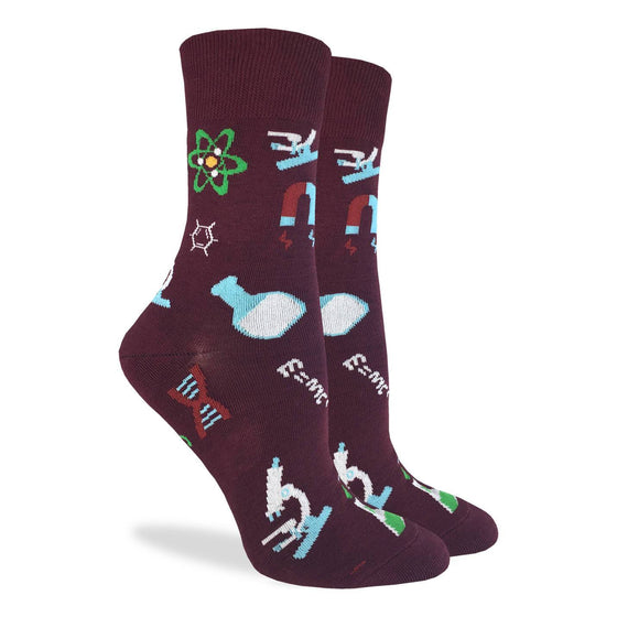 These fun socks feature things that would be found in a science lab, such as a beaker of liquid, a microscope, and a DNA model, among other things. The images are on a burgundy background. Spandex added to the 85% cotton blend gives the socks the perfect amount of stretch to hug your feet.
