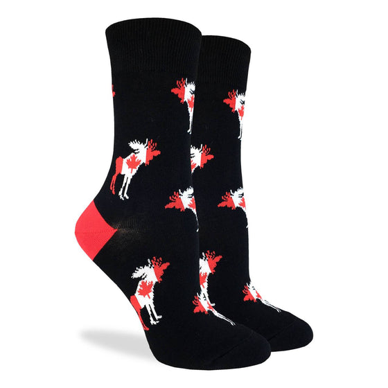 These fun socks feature moose silhouettes filled with the canadian flag on a base of black with a red heel. Spandex added to the 85% cotton blend gives the socks the perfect amount of stretch to hug your feet.