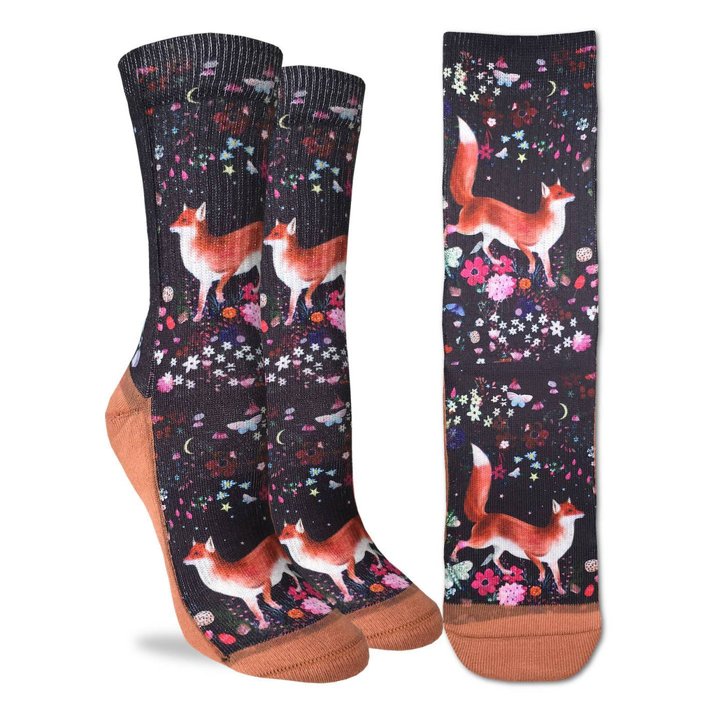 These fun socks feature beautiful red foxes walking among a field of brightly coloured flowers and butterflies. Behind the foxes and flowers is a black background, and the sole, toe, heel, and rim of the sock are a light brown. The active fit socks sport elastic arch bands to contour to your feet and provide support. 