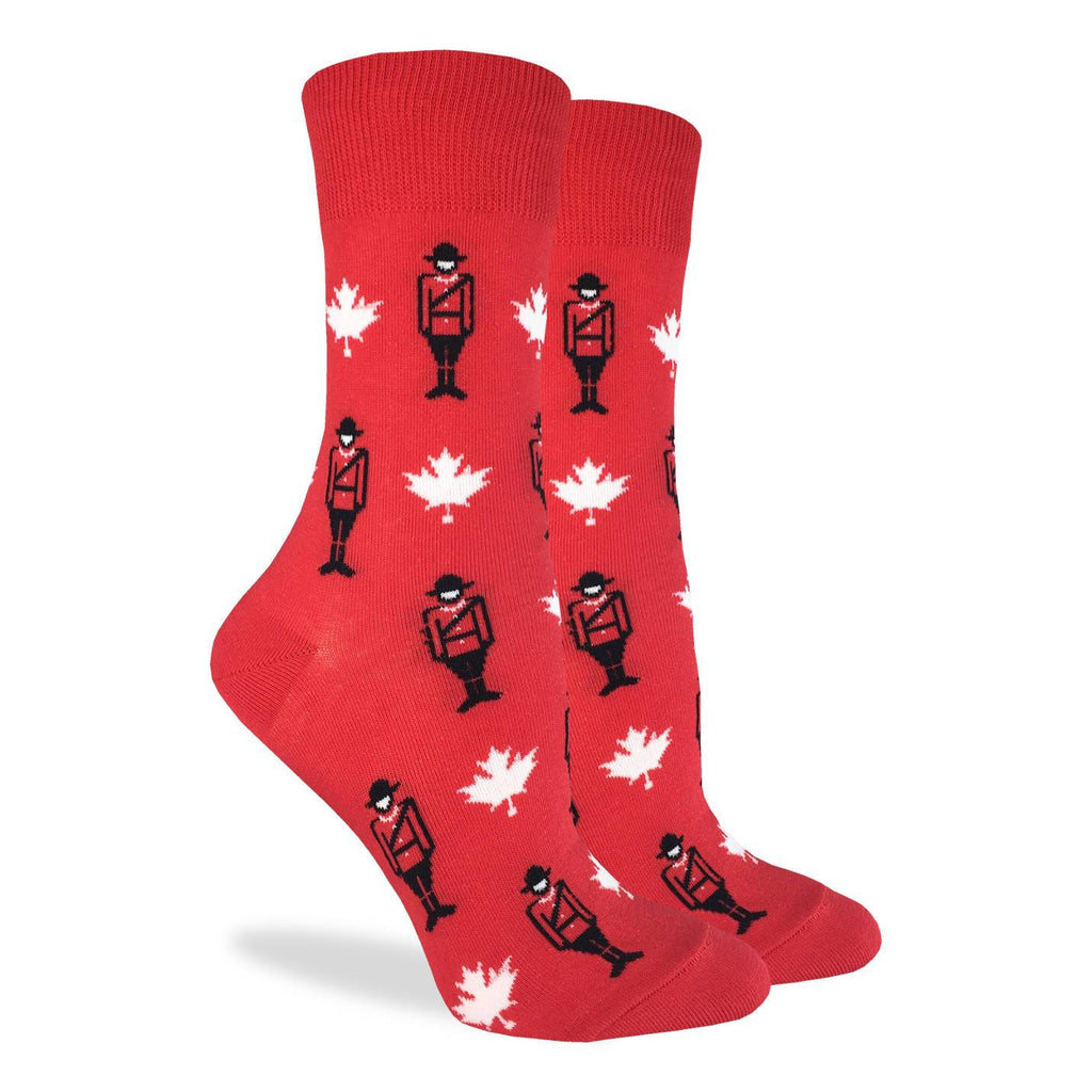 These fun socks feature white maple leaves and Canadian Mounties in uniform over a base of bright red. Spandex added to the 85% cotton blend gives the socks the perfect amount of stretch to hug your feet. 