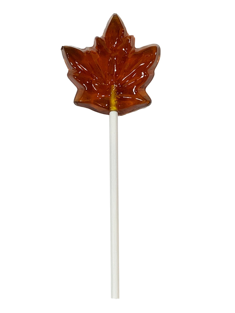 A deliciously golden brown maple leaf shaped Maple Syrup Lollipop.