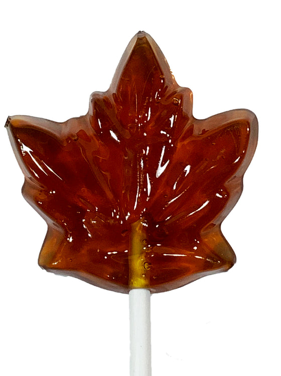 A deliciously golden brown maple leaf shaped Maple Syrup Lollipop.