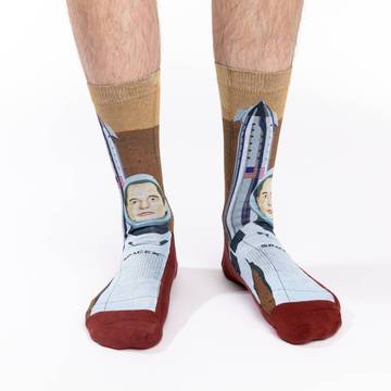 These socks are ready top be shipped off to Mars. With a design featuring Elon musk in his SpaceX suit and a rocket ship adorned with the American flag. 48% Polyester, 45% Cotton, 5% Elastic, 2% Spandex