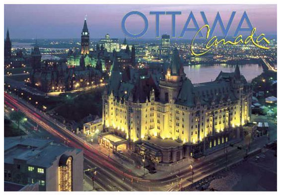 Overhead picture of downtown Ottawa. Includes Chateau Laurier and the Parliament building in the photo.
