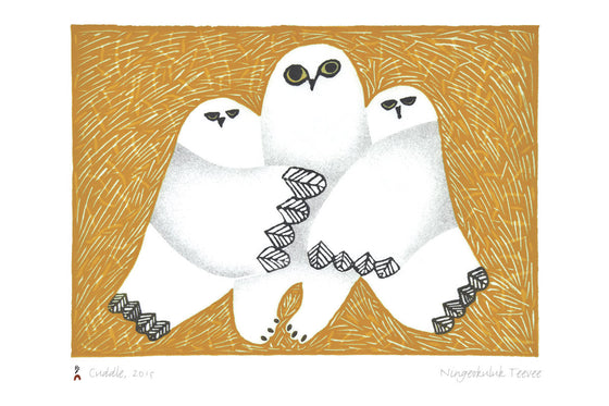 Two snowy owls hug a larger central snowy owl with their wings. The two smaller owls stare at the viewer with lidded eyes, while the large one stares with wide eyes. The background is dark yellow with thin white hatch marks, creating a rough texture. This Canadian Indigenous print was created by Inuit artist Ningeokuluk Teevee, born in Cape Dorset, Nunavut.