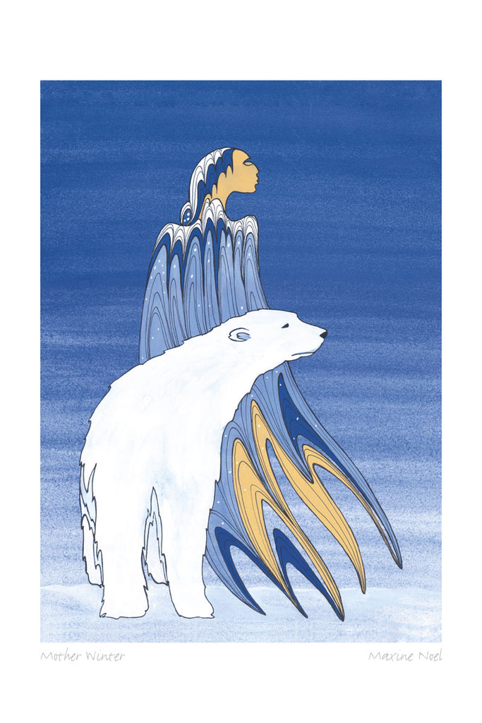 A woman and a polar bear stand together in a dark, snowy landscape. The woman is wearing a blue cloak or dress. Her shoulders and the top of her hair are white, suggesting snow. This Canadian Indigenous print was painted by Maxine Noel, a Sioux artist born on the Birdtail Reserve, Manitoba.