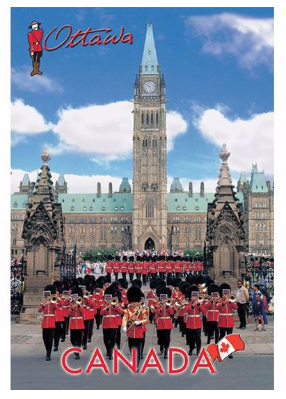The queens guard marching in front of Parliament building. Has text at the bottom that says "Canada" and text in the top corner that says "Ottawa".
