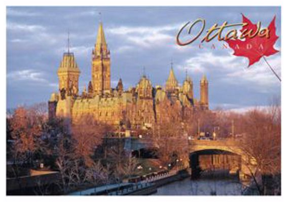 Image of Parliament building and Rideau Canal. Top right corner has red maple leaf and text that says "Ottawa, Canada".