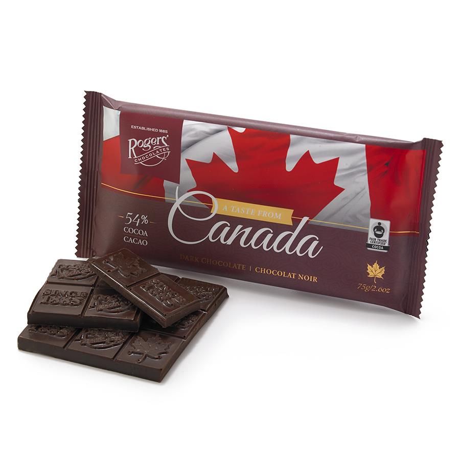 Chocolate bar that can be broken up into squares. Each square has either a maple leaf, the Rogers Chocolate logo,  text that says "Since 1985". Wrapping features a Canadian flag.