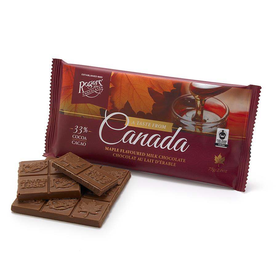 This delicious Canadian-made chocolate bar combines rich and creamy milk chocolate with maple flavour. Each bar contains 75g of chocolate and some squares are stamped with a decorative maple leaf. May contain tree nuts, peanuts, sesame seeds, wheat, eggs, sulphites. Fair trade certified. 