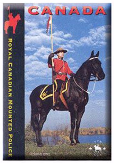 Canadian RCMP on a horse with a flag pole. 