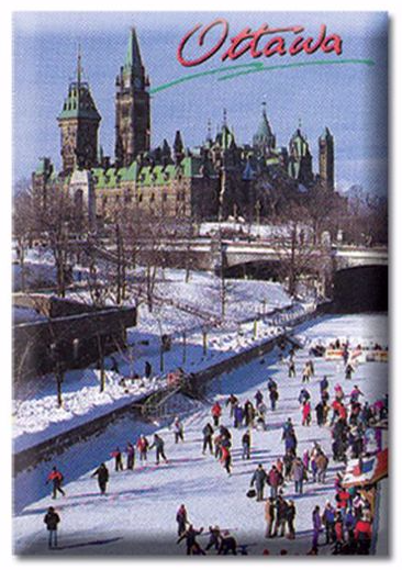Magnet with a retro photo of the skaters on the Rideau Canal, in Ottawa, Canada. 