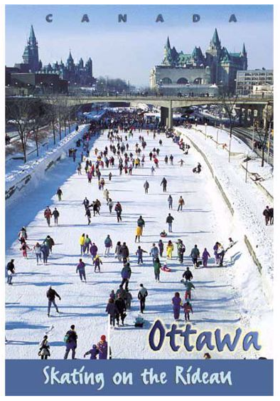 Image of people skating on the Rideau Canal. The Parliament building and Chateau Laurier are visible in the back. 