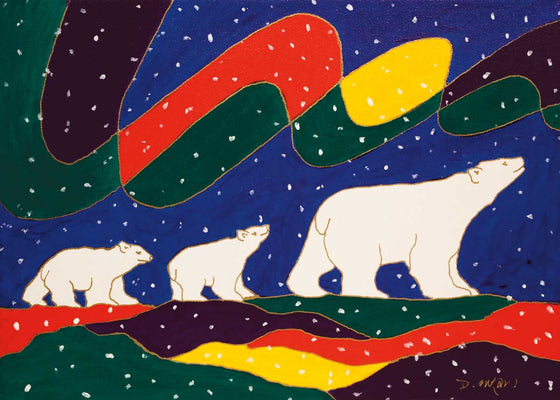 A mother polar bear followed by two cubs walk left to right across the picture. The land is made of red, yellow, green and purple abstract shapes. An aurora made of red, yellow, green and purple shapes hangs in the blue sky above the bears. The picture is covered in white spots, suggesting snow. This Canadian Indigenous print was painted by Dawn Oman, a Dene artist from Yellowknife, North West Territories.