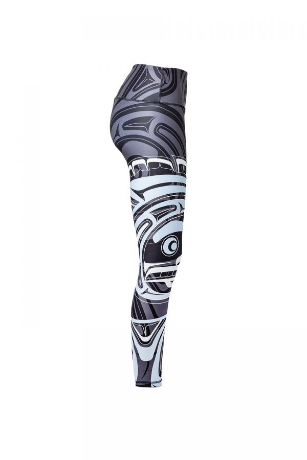 The wolf moon leggings viewed from the right, providing another view of the moon motif.
