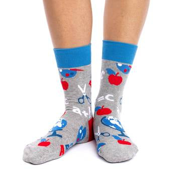These fun socks feature all maron of trenching symbols, like an apple, a math equation, and globe, among others. The images are blue, red, white, and black, on a grey background with a red heel and blue rim. Spandex added to the 85% cotton blend gives the socks the perfect amount of stretch to hug your feet.