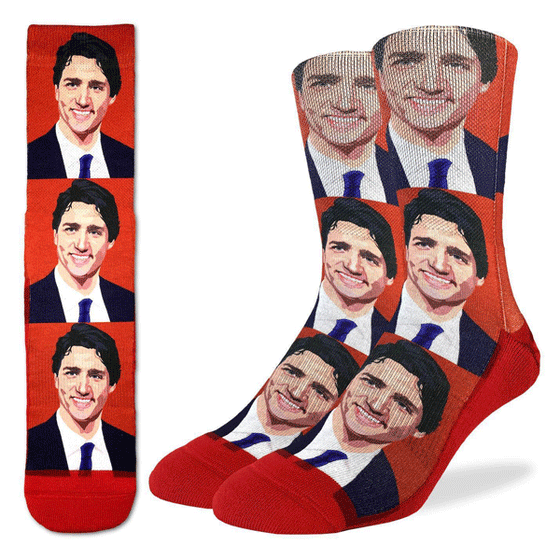 These fun socks feature an image of Canadian prime minister Justin Trudeau printed three times on a background of red. The active fit socks sport elastic arch bands to contour to your feet and provide support. 