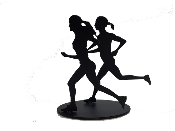 This sculpture shows two female figures running together. As before, both are moving quickly, with one foot planted on the ground and arms in full motion.