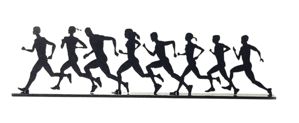 This metal sculpture shows the matte black silhouette of eight runners in a line. There is a mix of male and female runners, and each silhouette is unique. They are running right to left. Their wide stances and swinging arms suggest they are moving very quickly. The legs of some runners overlap. This piece sits on a narrow rectangular base. This piece is available in an all female runner variant.