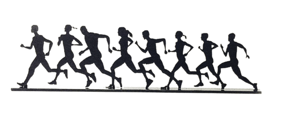This metal sculpture shows the matte black silhouette of eight runners in a line. There is a mix of male and female runners, and each silhouette is unique. They are running right to left. Their wide stances and swinging arms suggest they are moving very quickly. The legs of some runners overlap. This piece sits on a narrow rectangular base. This piece is available in an all female runner variant.