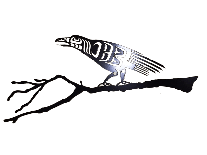 This metal sculpture shows the matte black silhouette of a raven drawn in Coastal Salish style. It is leaning forward with mouth open, as though croaking. The broad tail is well defined, with many fine feathers. A long jagged edge on the neckline indicates the raven’s signature neck ruff.