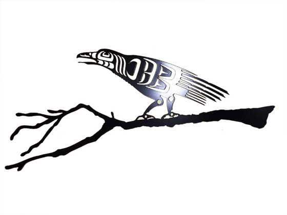 This metal sculpture shows the matte black silhouette of a raven drawn in Coastal Salish style. It is leaning forward with mouth open, as though croaking. The broad tail is well defined, with many fine feathers. A long jagged edge on the neckline indicates the raven’s signature neck ruff.