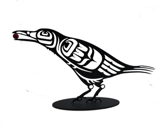 This metal sculpture shows the matte black silhouette of a crow drawn in Coastal Salish style. It is leaning forward with a red orb or berry in its beak. This bird has a slimmer beak and tail than a raven, but it still has well defined tail feathers and a small neck ruff.