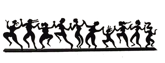 This metal sculpture shows the matte black silhouette of a ten dancing women. They are holding hands in a line. Each woman has a unique silhouette. They dance exuberantly with arms raised and heads thrown back. Some women seem to jump off of the ground. This piece rests on a narrow rectangular base.