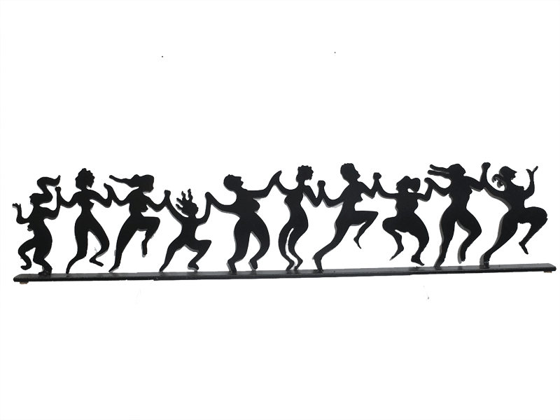 This metal sculpture shows the matte black silhouette of a ten dancing women. They are holding hands in a line. Each woman has a unique silhouette. They dance exuberantly with arms raised and heads thrown back. Some women seem to jump off of the ground. This piece rests on a narrow rectangular base.
